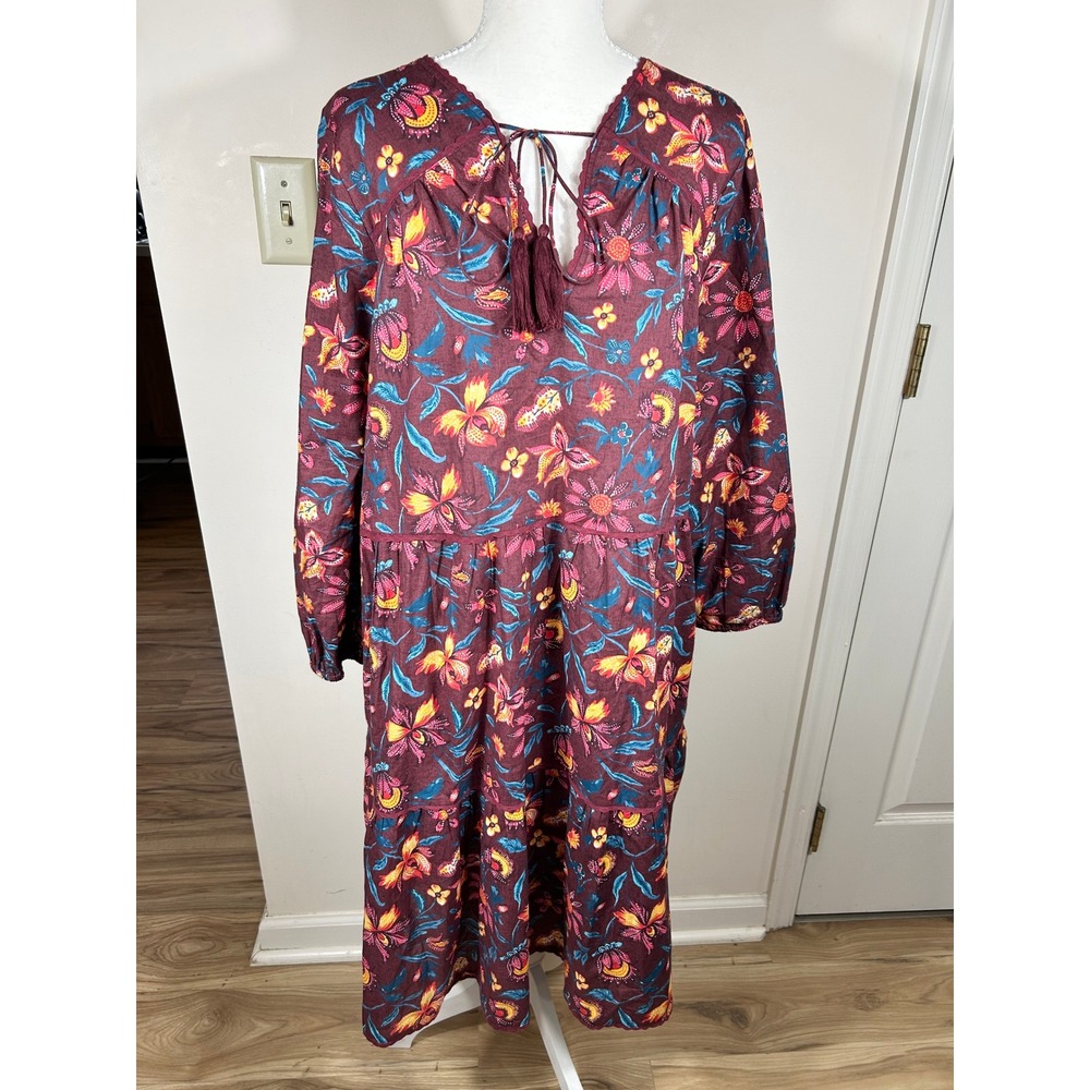 Sundance Dress Large Eternal Summer Plum Floral Cotton Tiered Midi BOHO Tassels